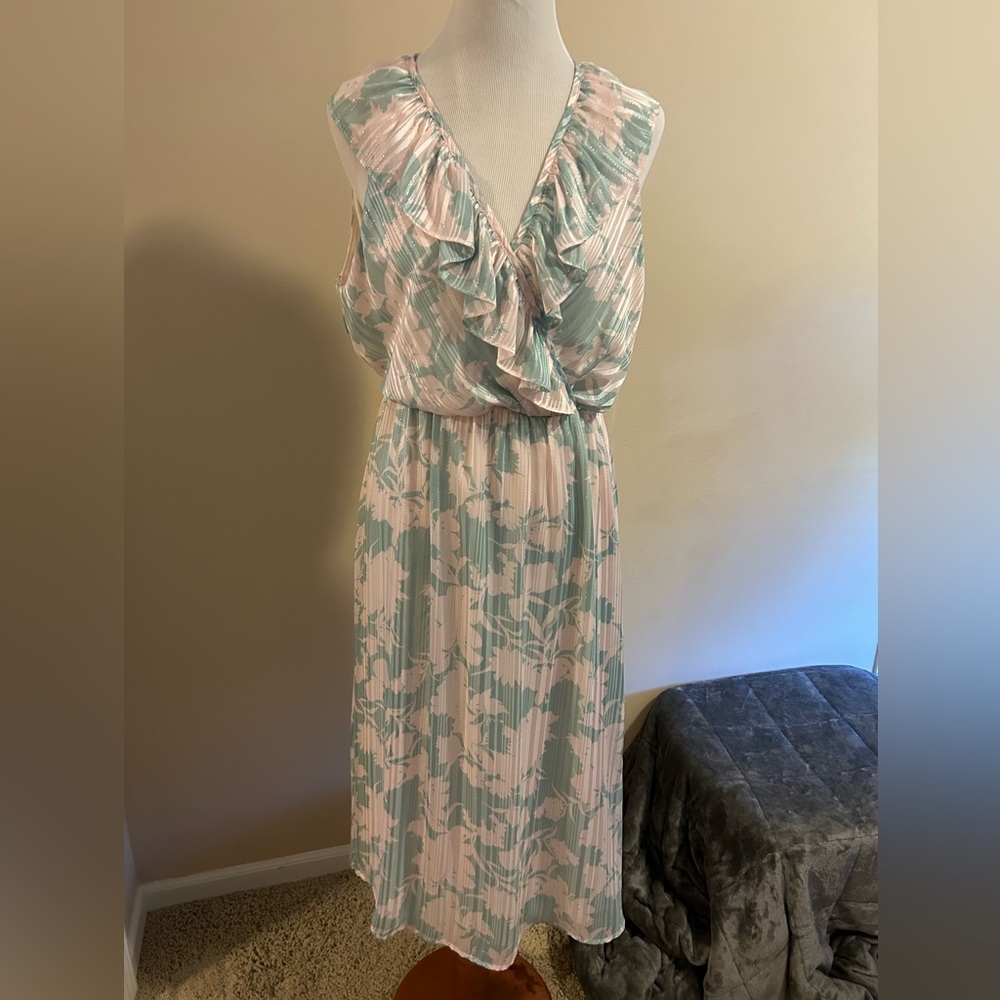 pink and Sage floral wrap dress with gold flecks